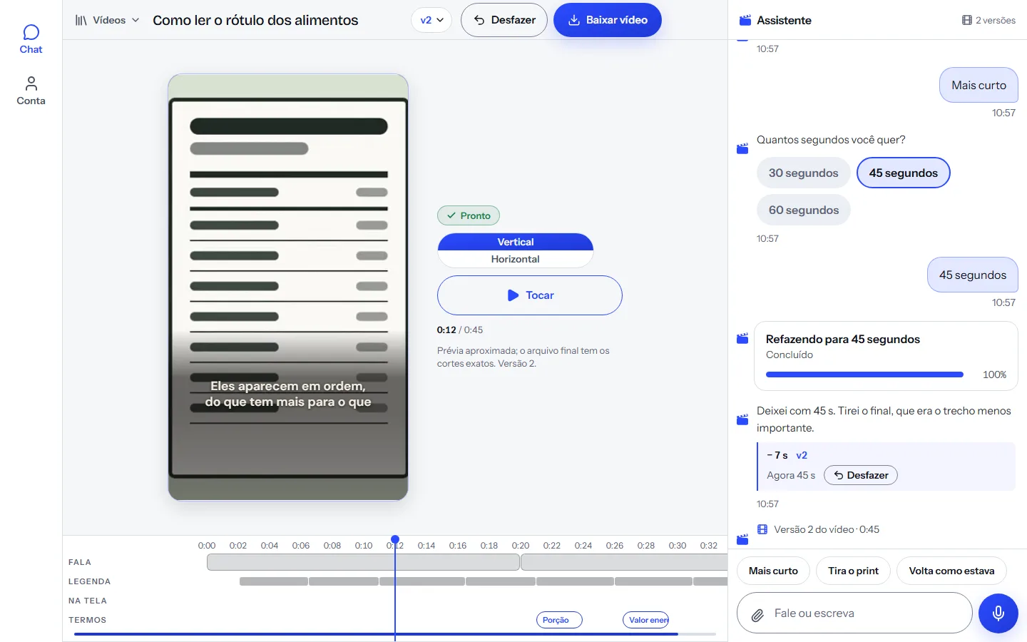 Tela “Baixar seu vídeo” do Claquei, com os botões para baixar na vertical e na horizontal.