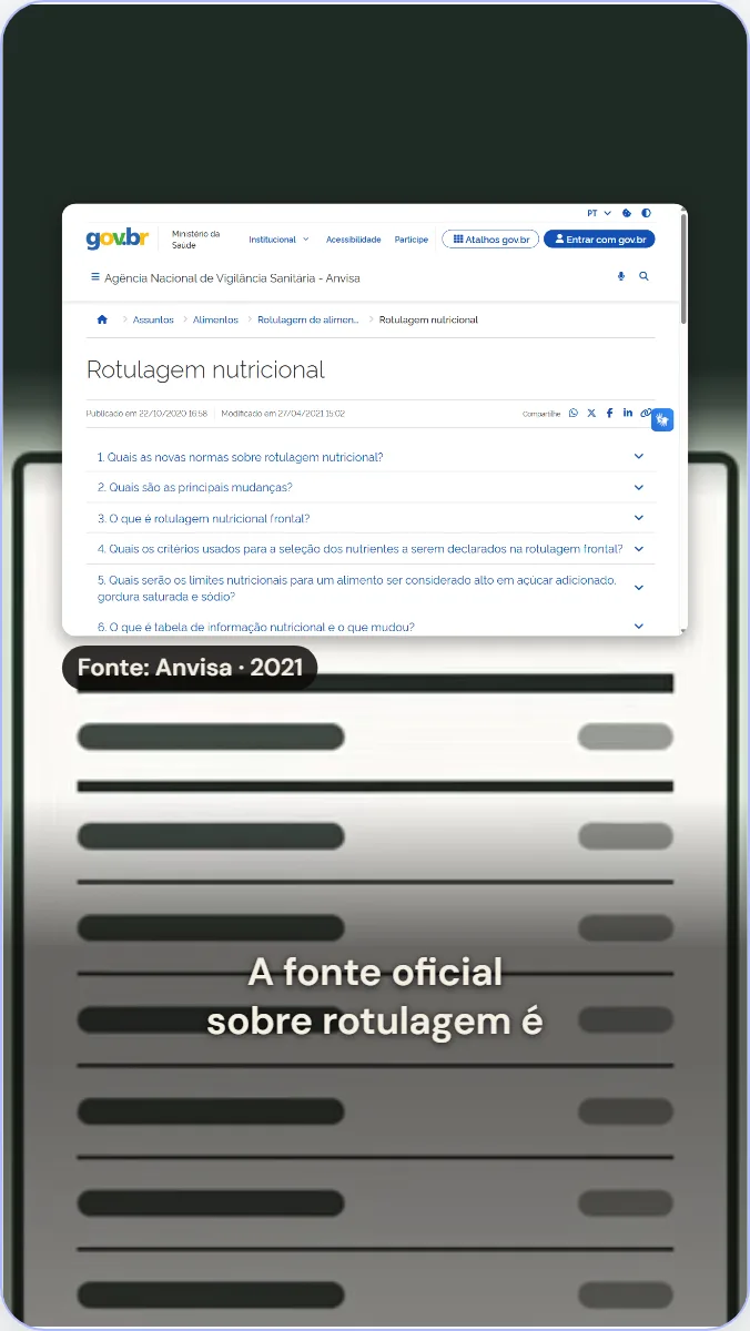 Quadro do vídeo com o print da página da Anvisa sobre rotulagem nutricional no topo e, embaixo, a linha “Fonte: Anvisa · 2021”.